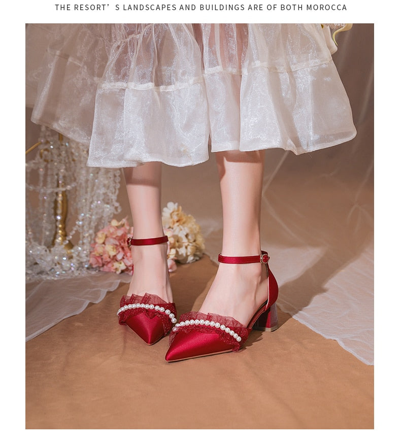 xiangtuibao Wedding Dress Wedding Shoes Thick Heels Summer Women's New French Minority Bridal Shoes White Tiring Middle Heel Sandals