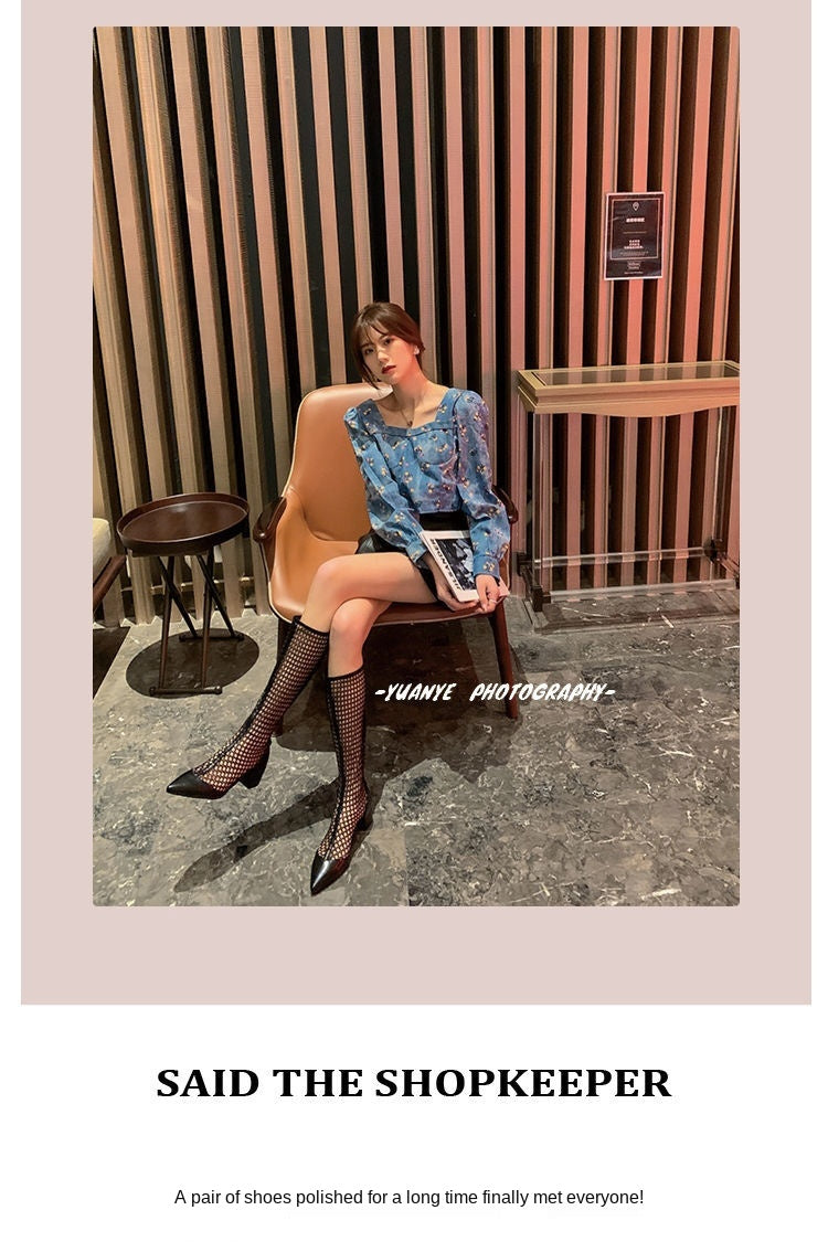 Women 's Summer Boots Thick Heel Hollow Mesh Sand Boots Pointed Toe Sexy Sandals Long Sandals Fashion