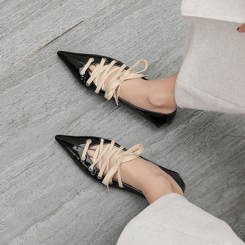 Summer Flats Shoes Women Black Leather Pointed Ballet Flats Single Shoes Two Wear Four Seasons Scoop Shoes Sandalias Shoe