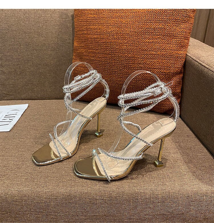 xiangtuibao Square head thin heel strap summer new versatile silver thin ribbon diamond sandals women's Fairy fashion high heels