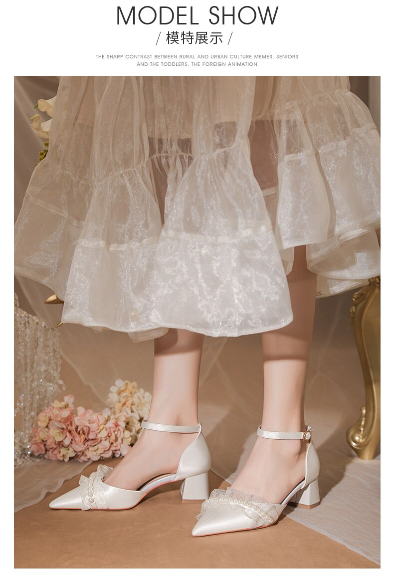 xiangtuibao Wedding Dress Wedding Shoes Thick Heels Summer Women's New French Minority Bridal Shoes White Tiring Middle Heel Sandals