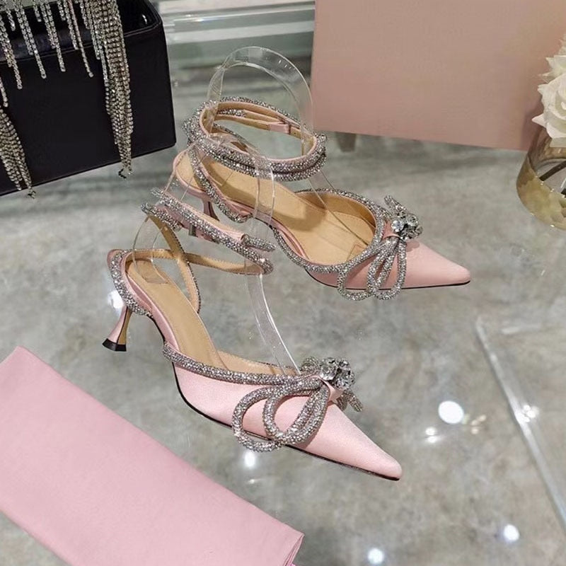 Rhinestone Baotou sandals new summer fairy wind pointed pink high-heeled bow tie thin heel winding bandage