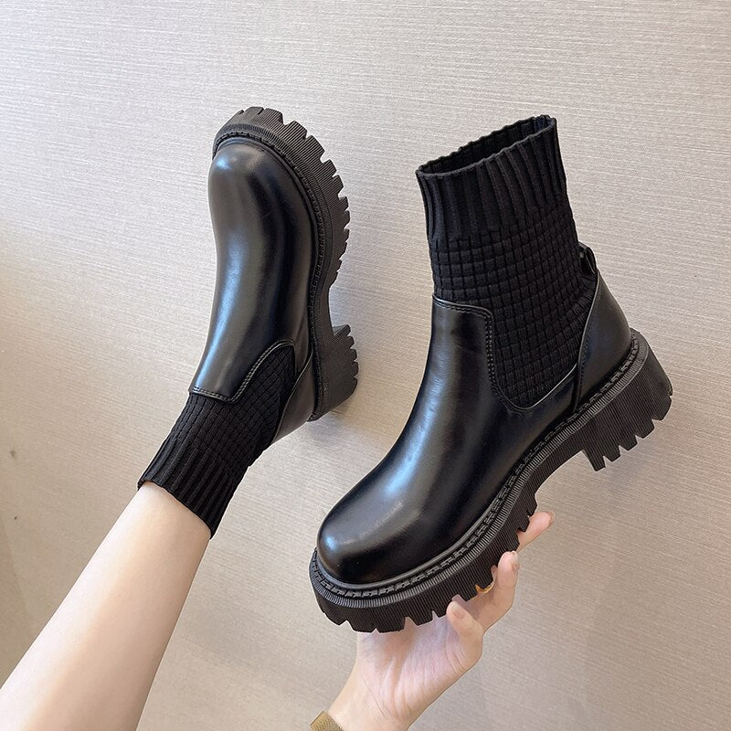 Fashion Knit Patchwork Platform Ankle Boots Women Spring Non-slip Patent Leather Boots Woman Round Toe Square Heel Shoes