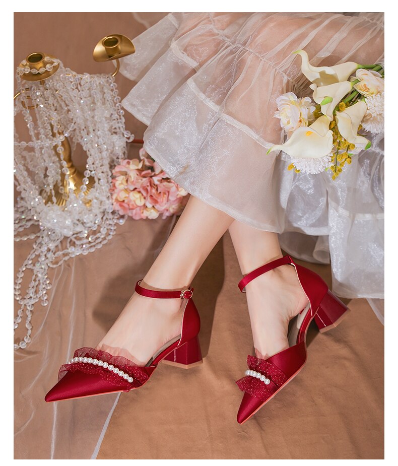 xiangtuibao Wedding Dress Wedding Shoes Thick Heels Summer Women's New French Minority Bridal Shoes White Tiring Middle Heel Sandals