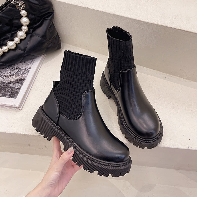 Fashion Knit Patchwork Platform Ankle Boots Women Spring Non-slip Patent Leather Boots Woman Round Toe Square Heel Shoes