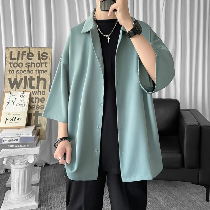 xiangtuibao Solid Color Oversized Men's Shirts Harajuku Men Casual Half Sleeve Shirt Tops Cool Summer Streetwear Man Blouse 6 Colors