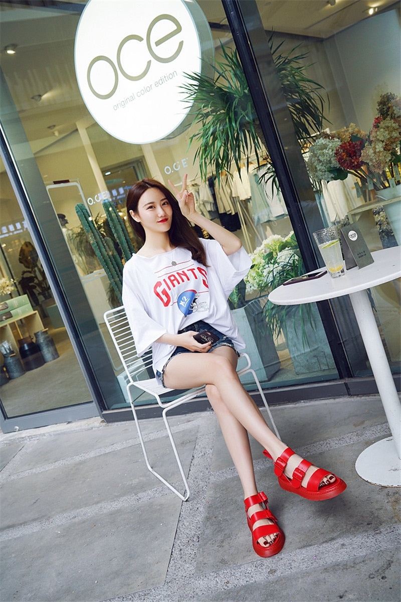 xiangtuibao Punk Style Women Gladiator Sandals Black Flat Shoes Woman Casual Thick Heel Beach Flats Sandalias Mujer Summer