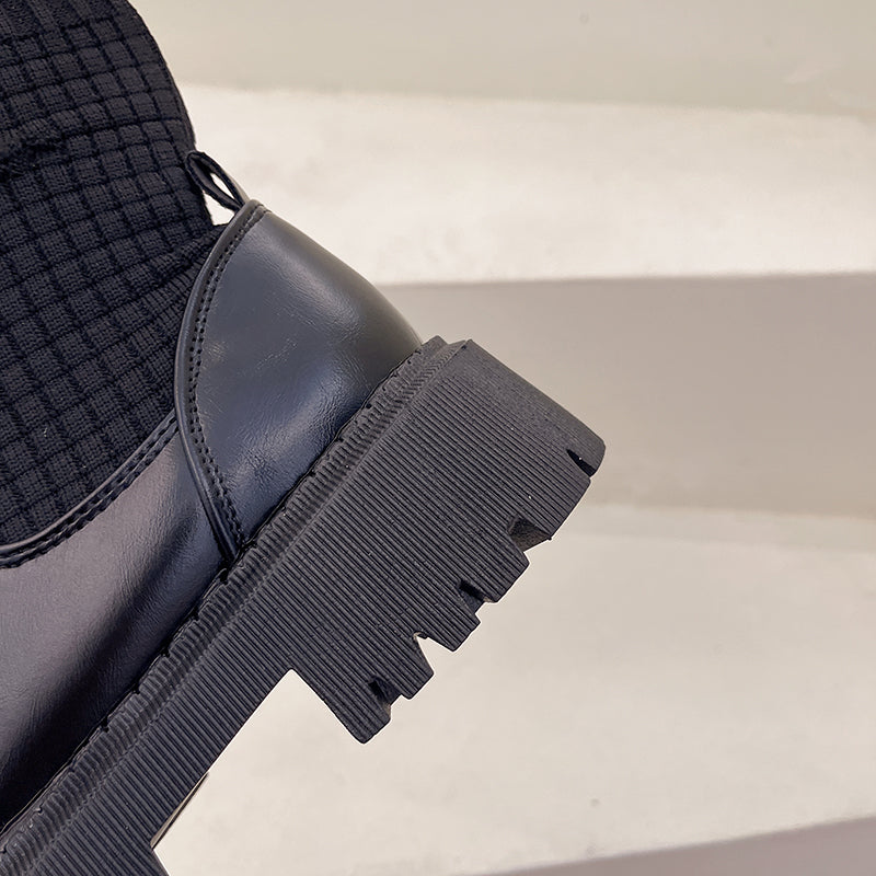 Fashion Knit Patchwork Platform Ankle Boots Women Spring Non-slip Patent Leather Boots Woman Round Toe Square Heel Shoes