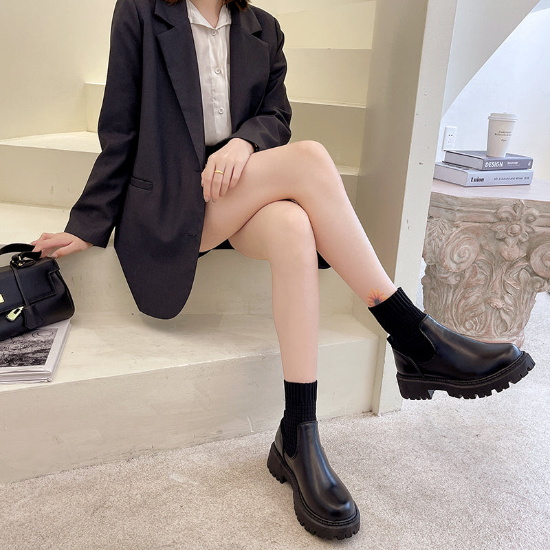 Fashion Knit Patchwork Platform Ankle Boots Women Spring Non-slip Patent Leather Boots Woman Round Toe Square Heel Shoes