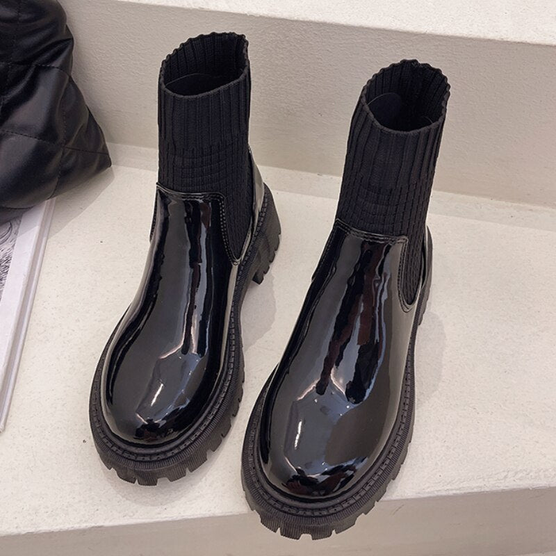 Fashion Knit Patchwork Platform Ankle Boots Women Spring Non-slip Patent Leather Boots Woman Round Toe Square Heel Shoes