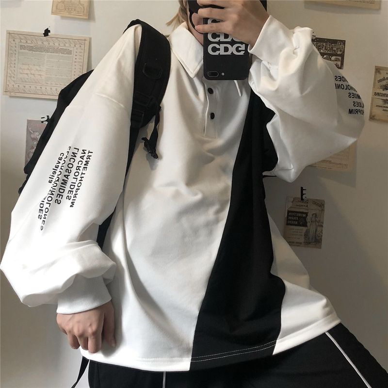 xiangtuibao new stitching contrast shirt Korean Hong Kong style sweatshirt Preppy hip hop oversize long-sleeved t-shirt men women