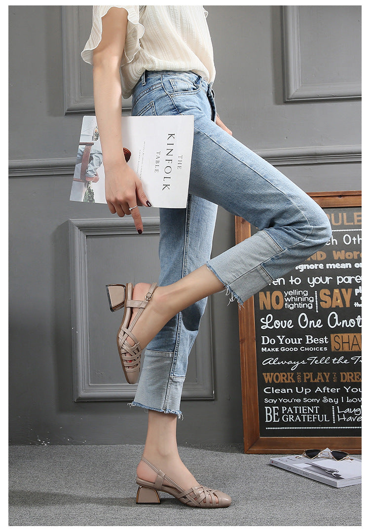 Women's plus Size Baotou Sandals Summer New Style All-match Semi-High Heeled A- line Buckle Chunky Heel Hipster High Heels