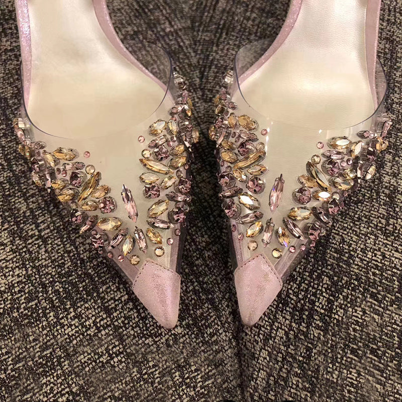 xiangtuibao Shallow Pumps Spring New PVC Crystal Fashion Buckle Strap Women's Shoes Elegant Pointed Toe Thin Heels Wedding