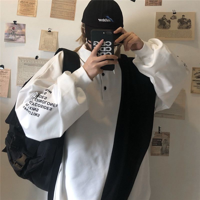 xiangtuibao new stitching contrast shirt Korean Hong Kong style sweatshirt Preppy hip hop oversize long-sleeved t-shirt men women