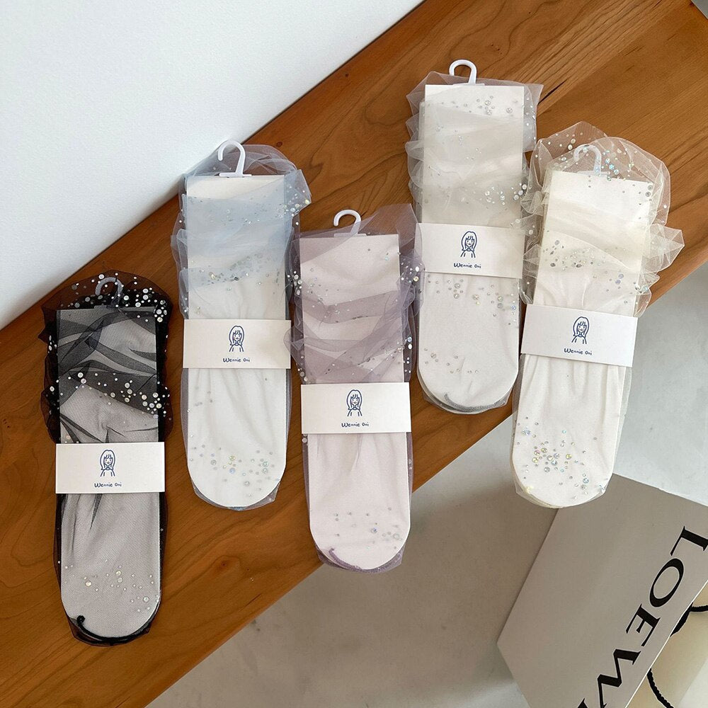 xiangtuibao Shine Tulle Socks Women Transparent Long Socks Knee Summer Thin Socks Female Chffion Sock Female Dress Calcetines