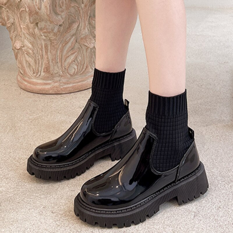 Fashion Knit Patchwork Platform Ankle Boots Women Spring Non-slip Patent Leather Boots Woman Round Toe Square Heel Shoes