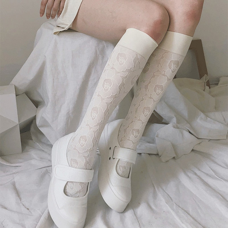 xiangtuibao Retro Embroidery Floral Stocking Women High Ealstic Long Knee Socks Girls Summer Fashion Pantyhose Leg Dress Calcetine