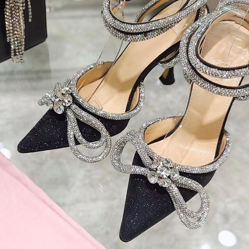 Rhinestone Baotou sandals new summer fairy wind pointed pink high-heeled bow tie thin heel winding bandage