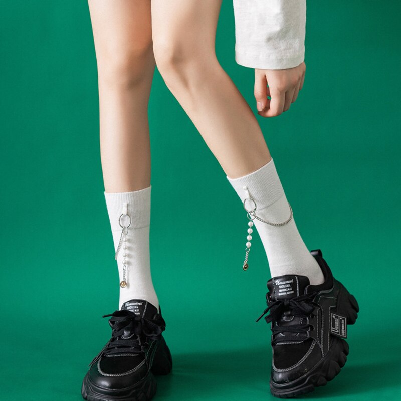 xiangtuibao Punk Pearl Chain Socks Women Long Cotton Socks Girls Streetwear Fashion Sock Ankle Female Dress Calcetines Meias