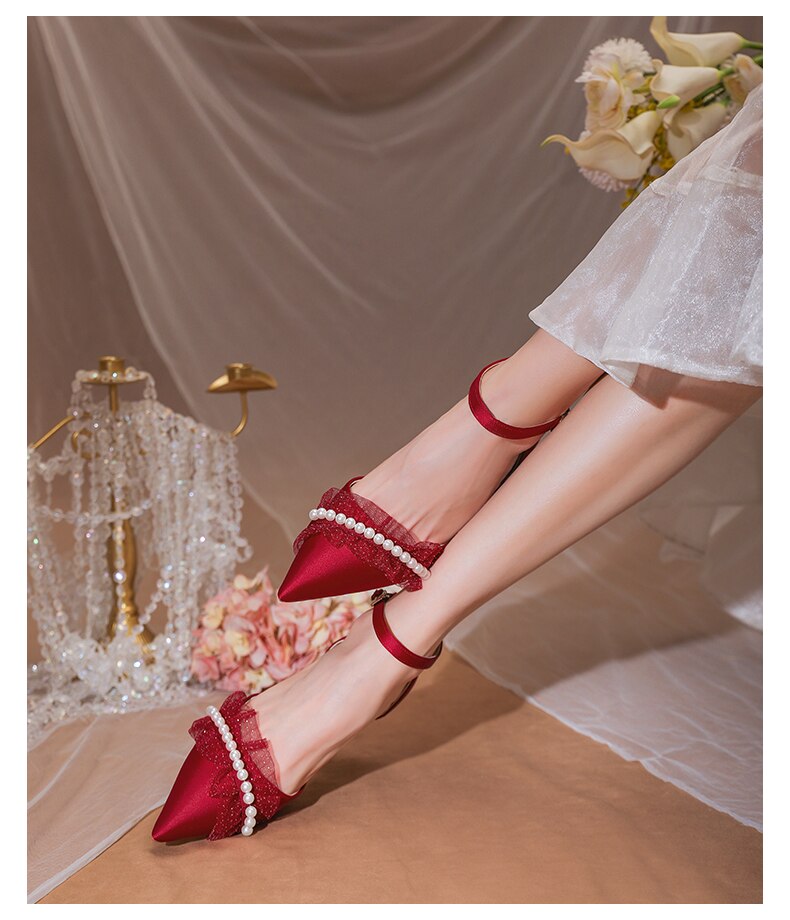xiangtuibao Wedding Dress Wedding Shoes Thick Heels Summer Women's New French Minority Bridal Shoes White Tiring Middle Heel Sandals
