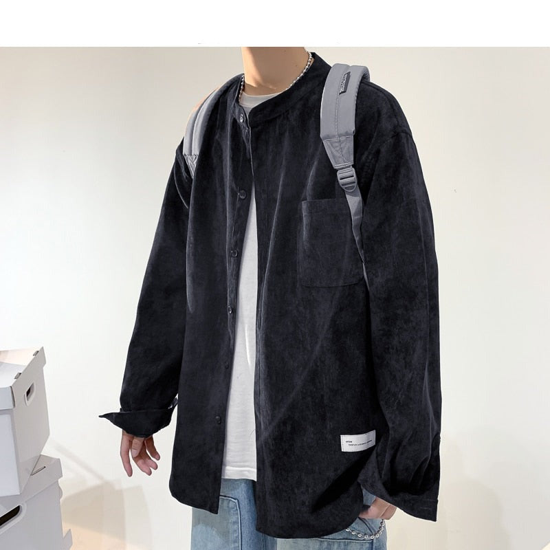 xiangtuibao Oversized Men Solid Corduroy Shirt Long Sleeve Mens Pocket Streetwear Shirts Male Korean Fashions Black Shirt 5XL