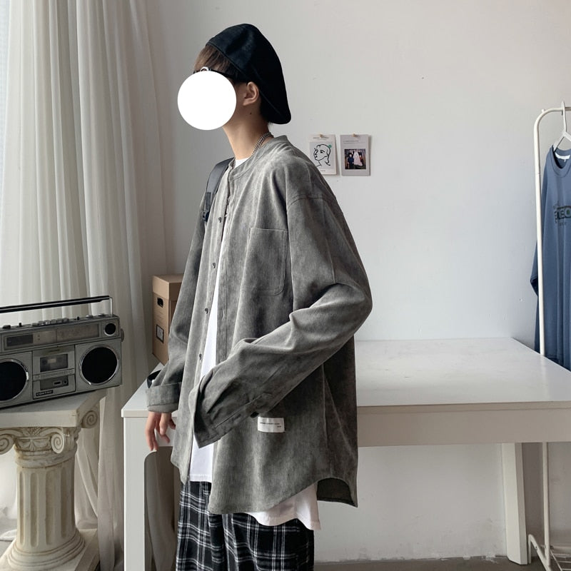 xiangtuibao Oversized Men Solid Corduroy Shirt Long Sleeve Mens Pocket Streetwear Shirts Male Korean Fashions Black Shirt 5XL