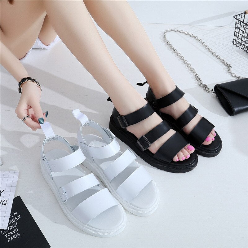 xiangtuibao Punk Style Women Gladiator Sandals Black Flat Shoes Woman Casual Thick Heel Beach Flats Sandalias Mujer Summer
