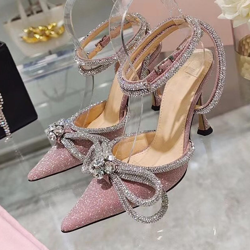 Rhinestone Baotou sandals new summer fairy wind pointed pink high-heeled bow tie thin heel winding bandage