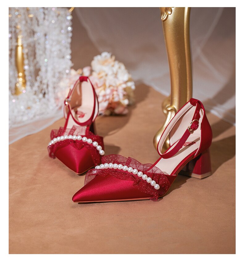 xiangtuibao Wedding Dress Wedding Shoes Thick Heels Summer Women's New French Minority Bridal Shoes White Tiring Middle Heel Sandals
