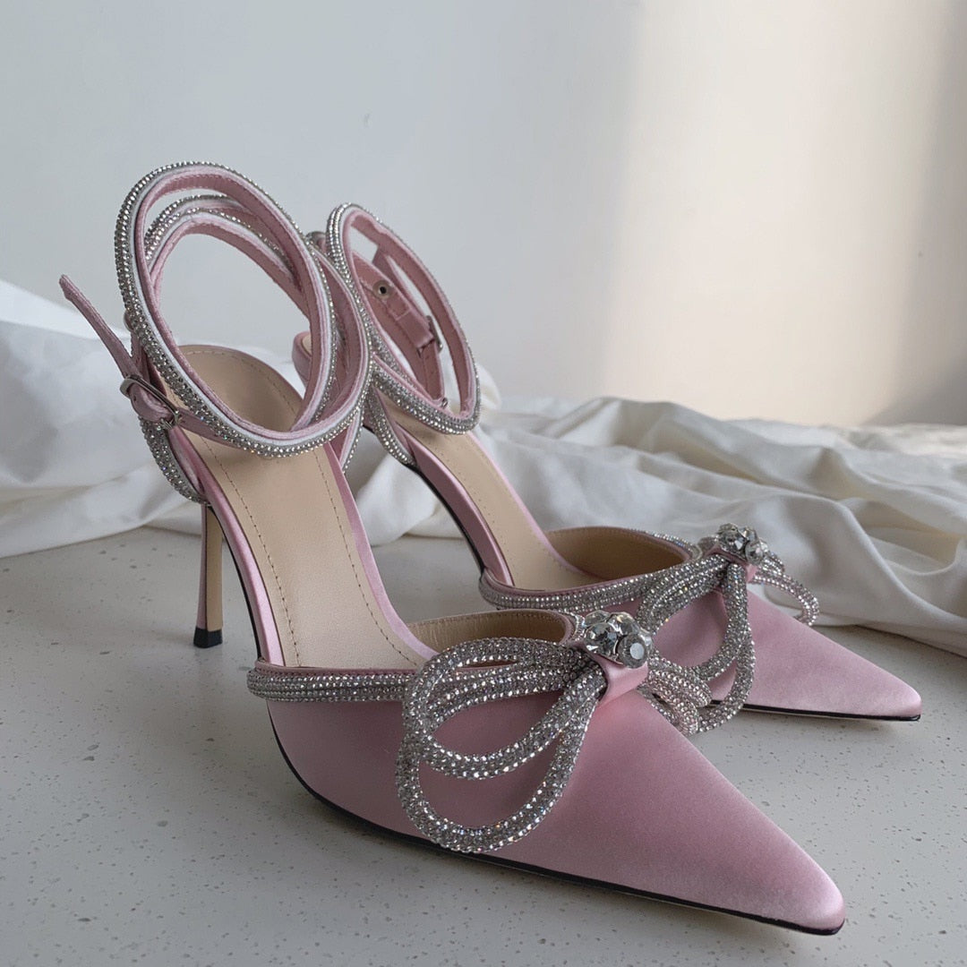 Rhinestone Baotou sandals new summer fairy wind pointed pink high-heeled bow tie thin heel winding bandage