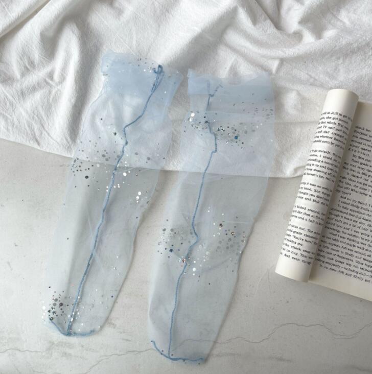 xiangtuibao Shine Tulle Socks Women Transparent Long Socks Knee Summer Thin Socks Female Chffion Sock Female Dress Calcetines