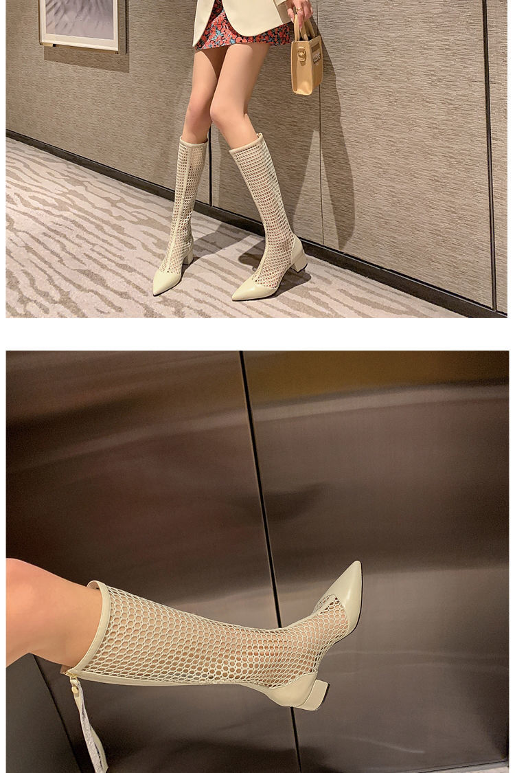 Women 's Summer Boots Thick Heel Hollow Mesh Sand Boots Pointed Toe Sexy Sandals Long Sandals Fashion