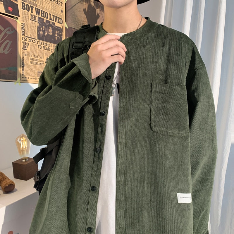 xiangtuibao Oversized Men Solid Corduroy Shirt Long Sleeve Mens Pocket Streetwear Shirts Male Korean Fashions Black Shirt 5XL