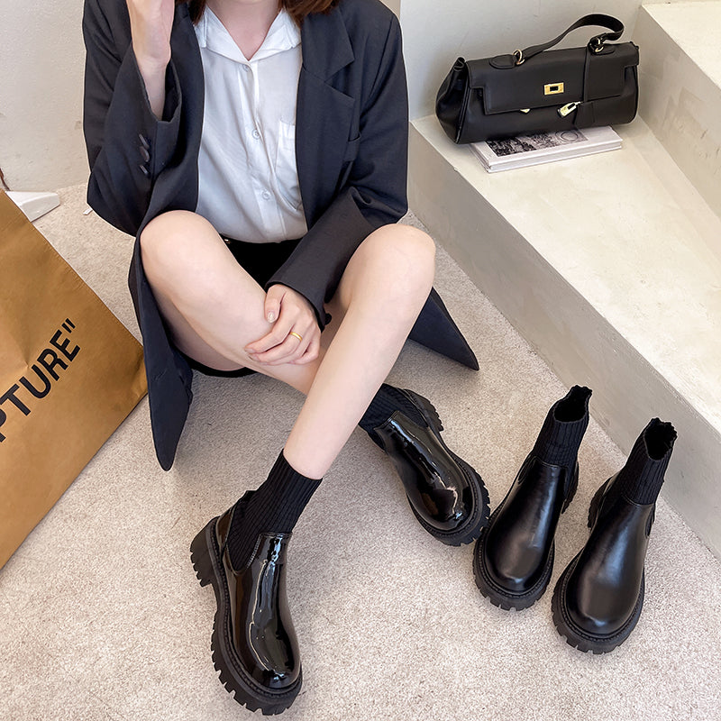 Fashion Knit Patchwork Platform Ankle Boots Women Spring Non-slip Patent Leather Boots Woman Round Toe Square Heel Shoes