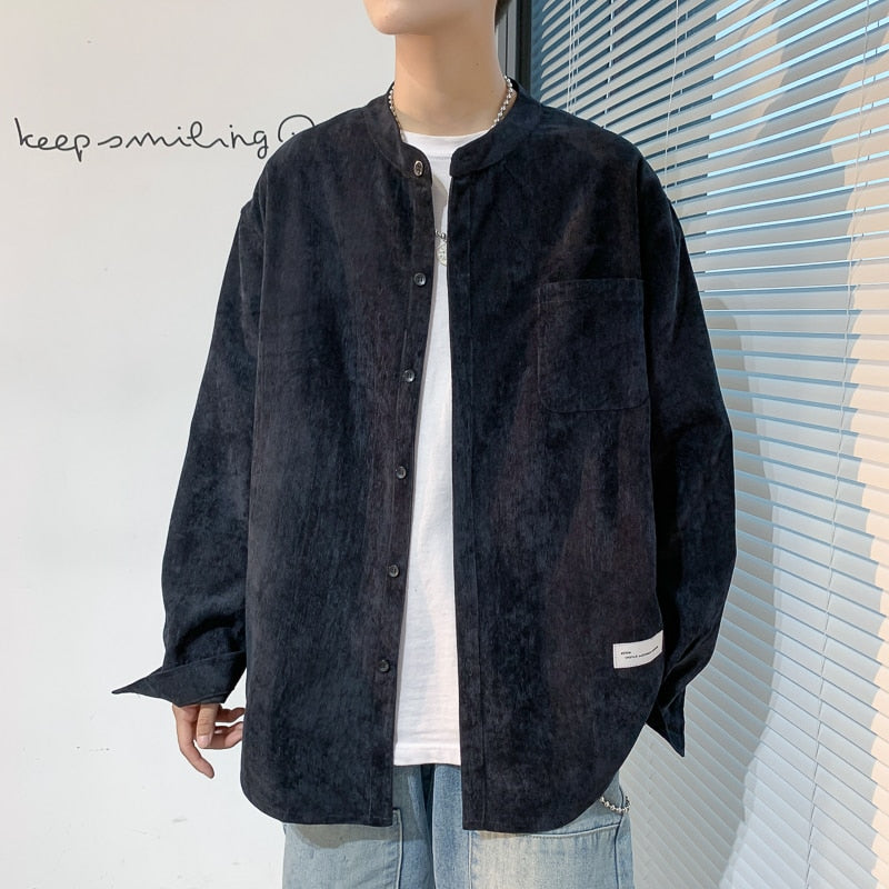 xiangtuibao Oversized Men Solid Corduroy Shirt Long Sleeve Mens Pocket Streetwear Shirts Male Korean Fashions Black Shirt 5XL