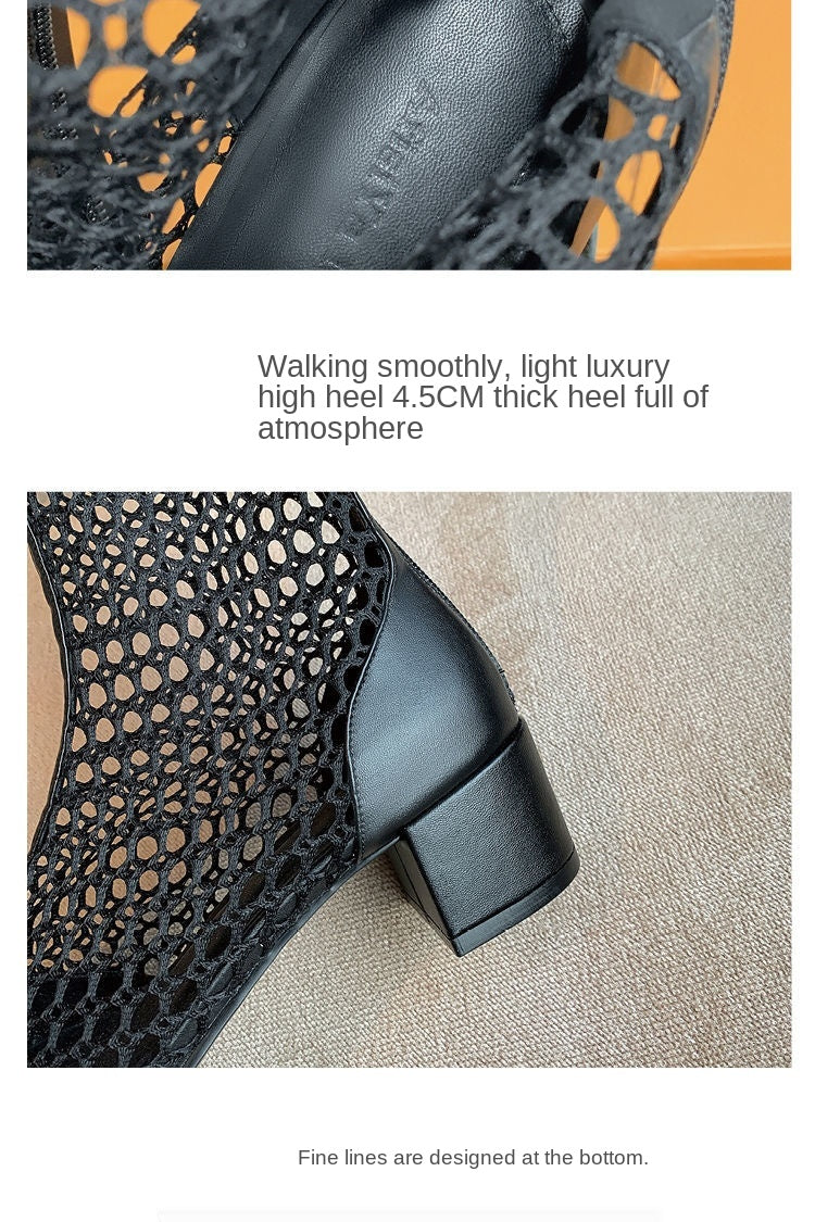 Women 's Summer Boots Thick Heel Hollow Mesh Sand Boots Pointed Toe Sexy Sandals Long Sandals Fashion