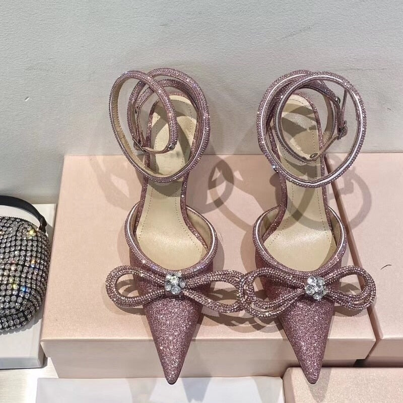 Rhinestone Baotou sandals new summer fairy wind pointed pink high-heeled bow tie thin heel winding bandage