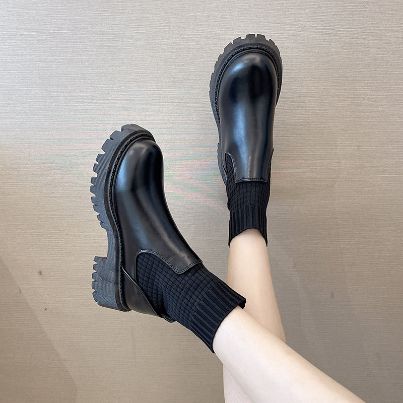 Fashion Knit Patchwork Platform Ankle Boots Women Spring Non-slip Patent Leather Boots Woman Round Toe Square Heel Shoes