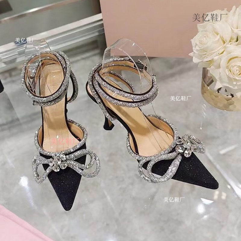 Rhinestone Baotou sandals new summer fairy wind pointed pink high-heeled bow tie thin heel winding bandage