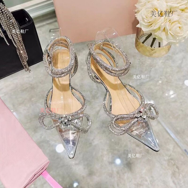 Rhinestone Baotou sandals new summer fairy wind pointed pink high-heeled bow tie thin heel winding bandage