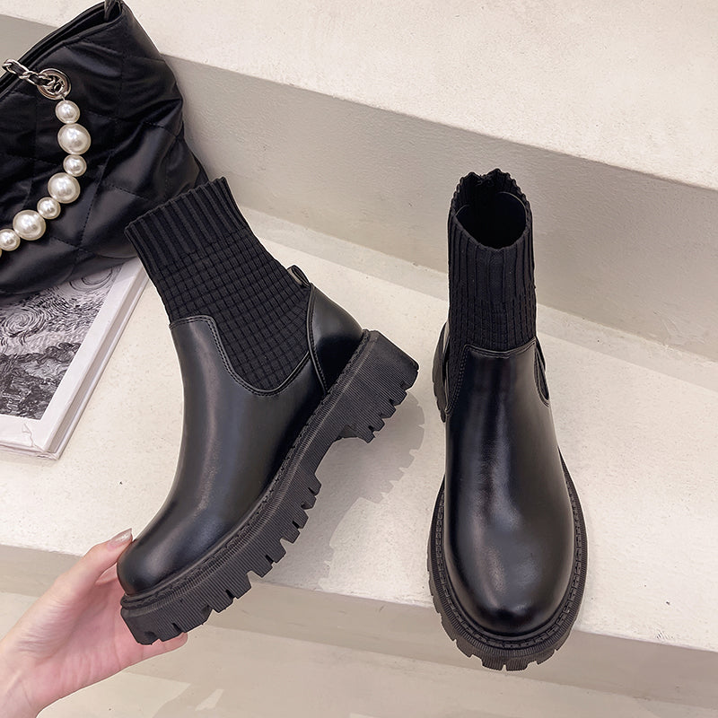 Fashion Knit Patchwork Platform Ankle Boots Women Spring Non-slip Patent Leather Boots Woman Round Toe Square Heel Shoes