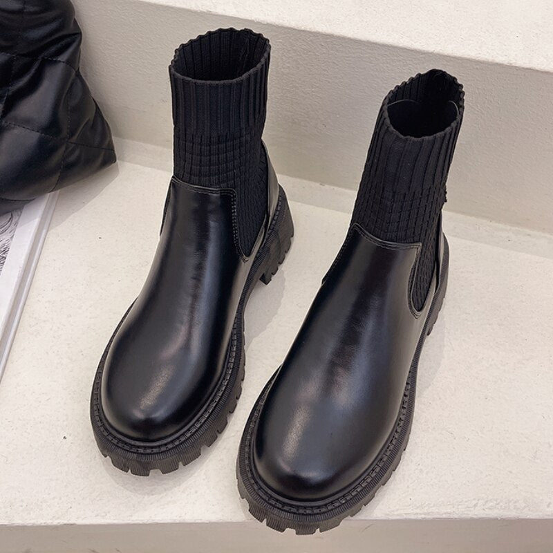 Fashion Knit Patchwork Platform Ankle Boots Women Spring Non-slip Patent Leather Boots Woman Round Toe Square Heel Shoes