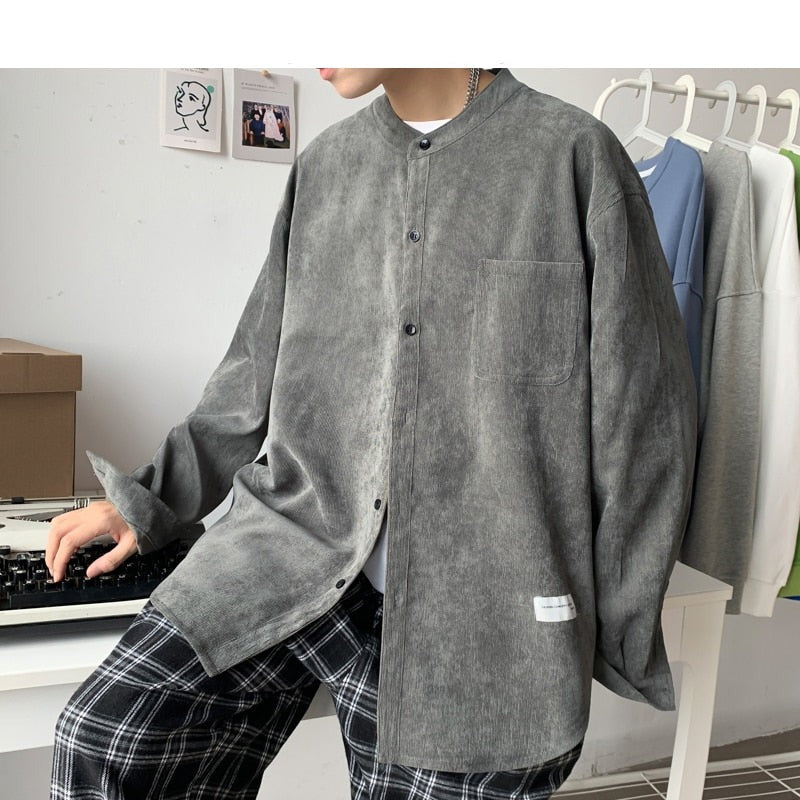 xiangtuibao Oversized Men Solid Corduroy Shirt Long Sleeve Mens Pocket Streetwear Shirts Male Korean Fashions Black Shirt 5XL