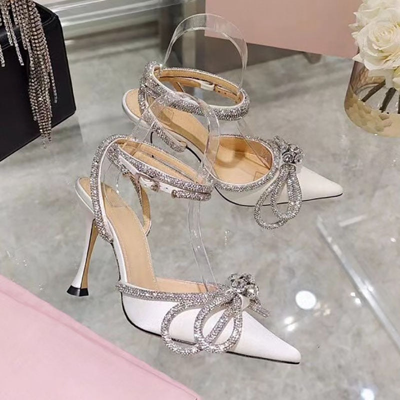Rhinestone Baotou sandals new summer fairy wind pointed pink high-heeled bow tie thin heel winding bandage