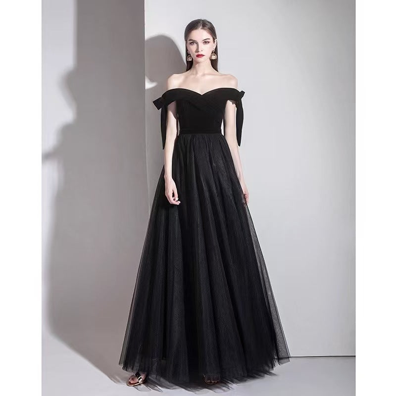 2025 One-word shoulder black evening dress, high-end sense, light luxury, niche banquet host, art test dress, temperament, celebrity dress