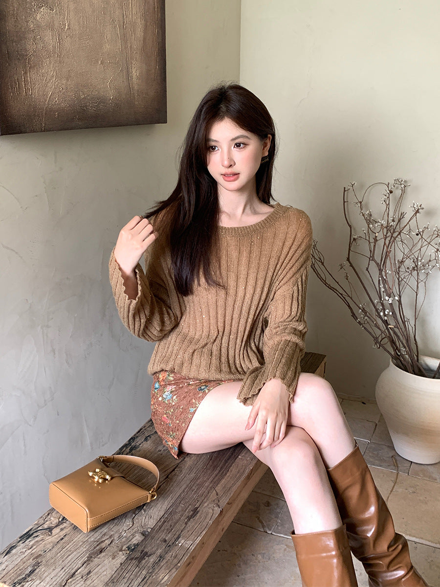 2025 popular autumn new Korean version versatile loose long-sleeved wool knitted sweater women's crew neck sweater 25017