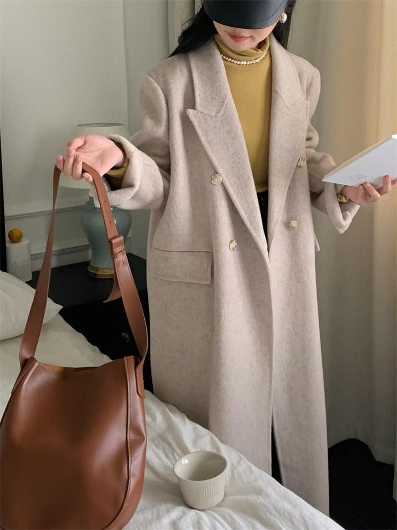 2025 Double-breasted flap Korean extended suit collar double-sided wool coat temperament popular autumn and winter woolen coat women