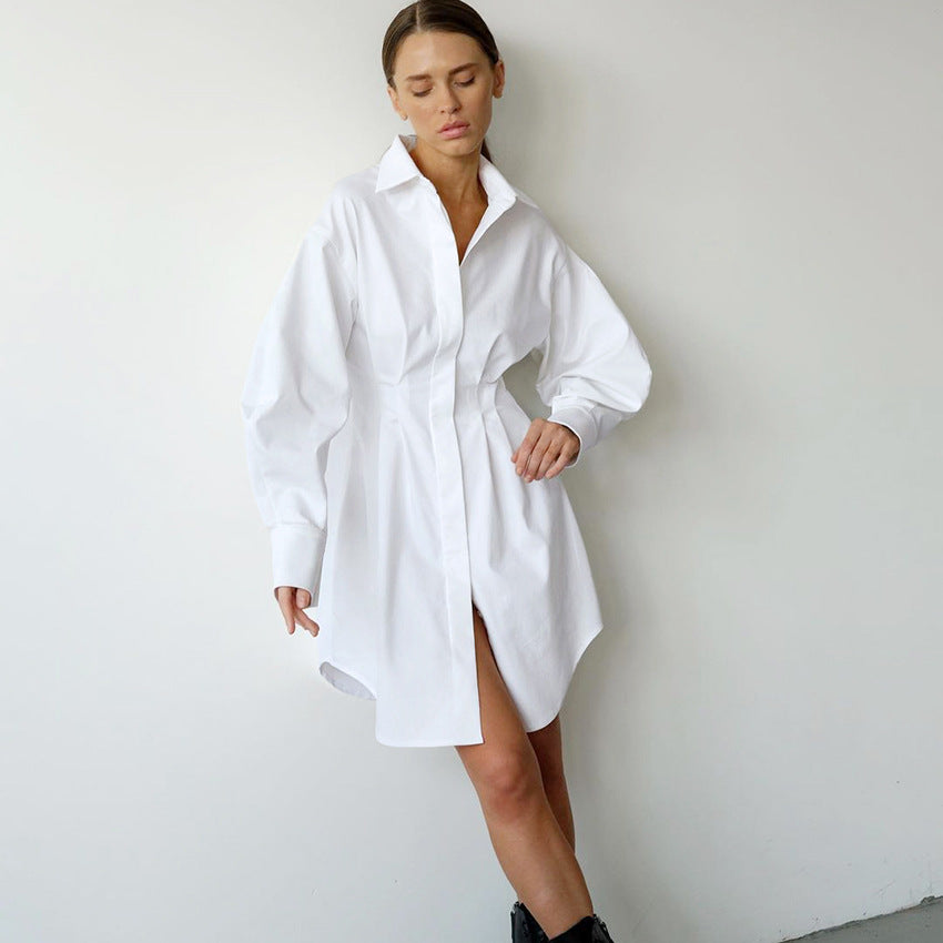 2025 spring women's shirt skirt waist temperament thin long sleeves slim retro niche dress