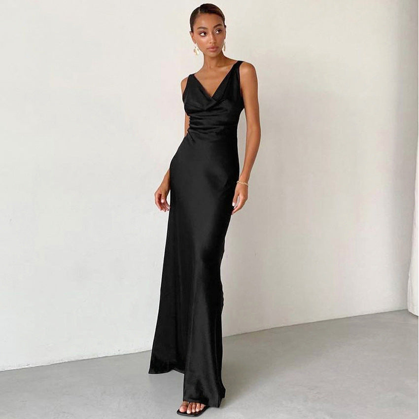 2025 summer new dress ice silk dress temperament small black dress dress with sexy backless dress