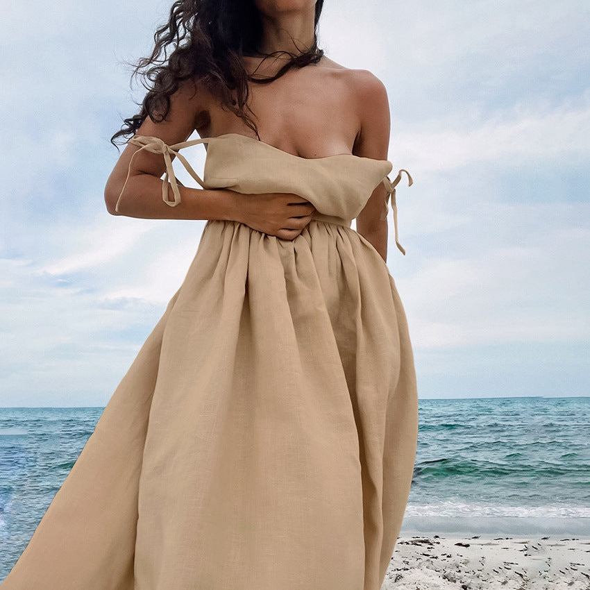 2025 khaki cotton and linen breathable suspender high waist dress spring new holiday style long dress women